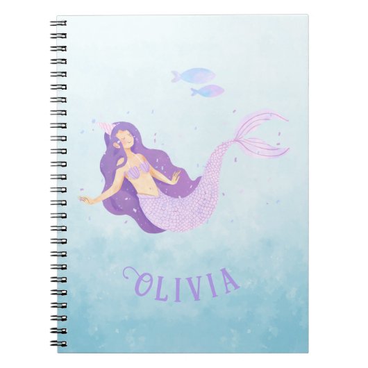 Zeemeermin Waterverf Paarse Schattig Meisje Verjaa Notitieboek (Voorkant)