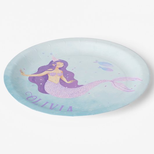 Zeemeermin Waterverf Paarse Schattig Meisje Verjaa Papieren Bordje (Gekanteld)