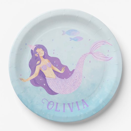 Zeemeermin Waterverf Paarse Schattig Meisje Verjaa Papieren Bordje (Voorkant)