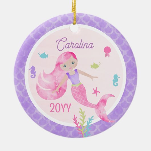 Zeemeermin Waterverf Roze & Paarse Keepsake Keramisch Ornament (Achterkant)