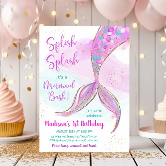 Zeemeermin Waterverf Roze Paarse Verjaardag Kaart