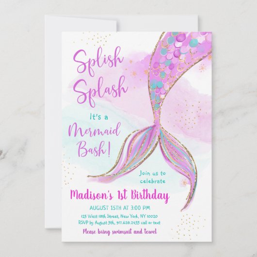 Zeemeermin Waterverf Roze Paarse Verjaardag Kaart (Voorkant)