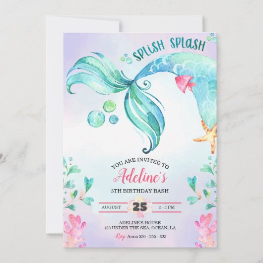 Zeemeermin Waterverf Splish Splash Leuke Verjaarda Kaart (Voorkant)