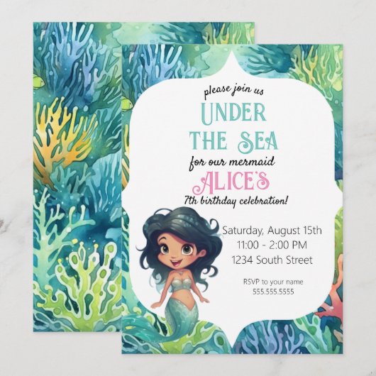 Zeemeermin waterverf Verjaardagsuitnodiging Sjablo Kaart (Voorkant / Achterkant)