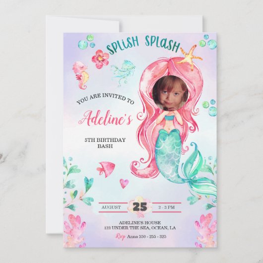 Zeemeermin Waterverf Voeg je foto toe Verjaardag S Kaart (Voorkant)