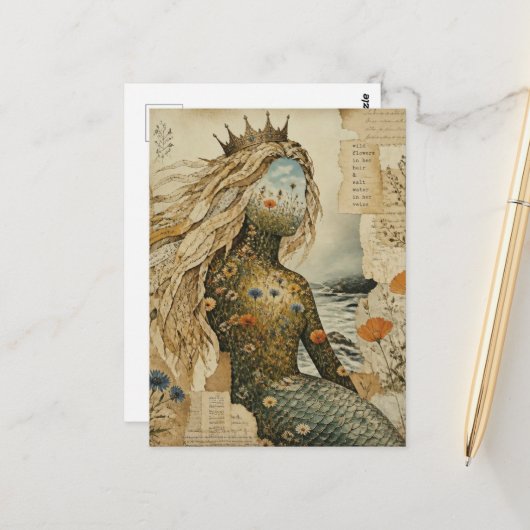 Zeemeermin Wildbloem Mixed Media Collage Briefkaart (Voorkant / Achterkant in situ)
