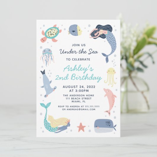 Zeemeermin Zee Dieren Verjaardagsfeest Uitnodiging (Staand voorkant)