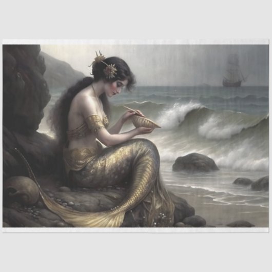 Zeemeermin Zee Scroll in Gold Decoupage Tissuepapier (Voorkant)