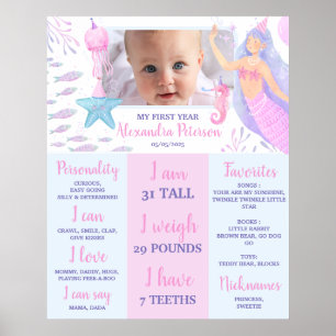 Zeemeermin Zeedieren Meisje 1e Verjaardag Mijlpaal Poster