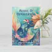 Zeemeermin & Zeepaardje Santa Beach Kerstmis Feestdagenkaart (Staand voorkant)
