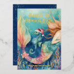 Zeemeermin Zeepaardje Santa Zee Nautische Kerst Folie Feestdagenkaart<br><div class="desc">Stuur uw 'Zeeen & Groeten' in glinsterende stijl met dit betoverende nautische thema echte folie kerstkaart. Met een onder het zee waterverf schilderij met een zeemeermin,  een zeepaardje in een kerstmuts en een tropische vis en koraal. Kunst van KL Stock</div>