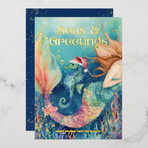 🧜‍♀️ Zeemeermin & Zeepaardje Strand Kerstmis Folie Feestdagenkaart