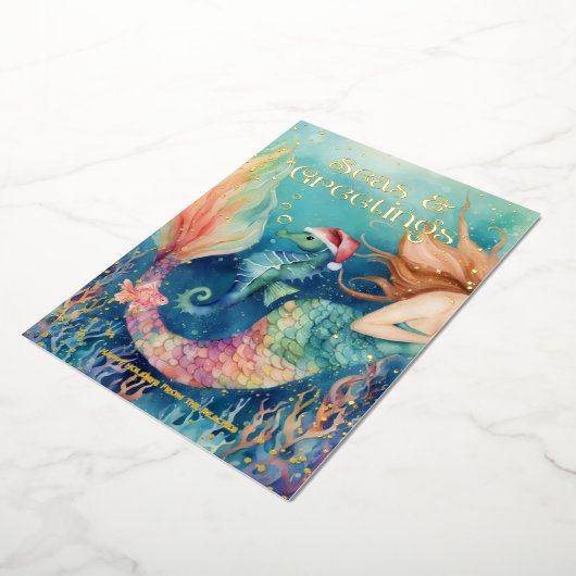 🧜‍♀️ Zeemeermin & Zeepaardje Strand Kerstmis Folie Feestdagenkaart (Gedraaid)