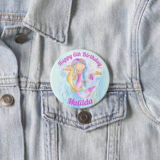 Zeemeermin zeepaardje waterverf 6e Verjaardag op m Ronde Button 7,6 Cm (In situ)