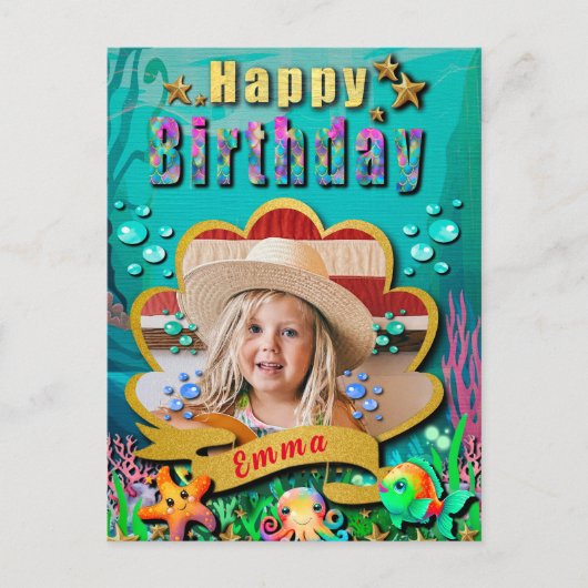 Zeemeermin, zeeschelp, Zee Dieren Vrienden, Koraal Briefkaart (Voorkant)