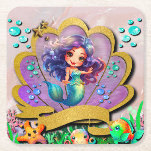 Zeemeermin, zeeschelp, Zee Dieren Vrienden, Koraal Kartonnen Onderzetters