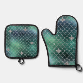 Zeemeermin Zilver Blauwgroen Groene Oceaan Glitz Ovenwant & Pannenlap Set (Voorkant)
