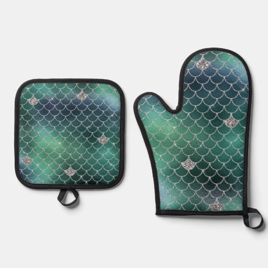 Zeemeermin Zilver Blauwgroen Groene Oceaan Glitz Ovenwant & Pannenlap Set (Voorkant)