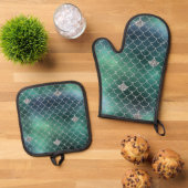 Zeemeermin Zilver Blauwgroen Groene Oceaan Glitz Ovenwant & Pannenlap Set (Top down)