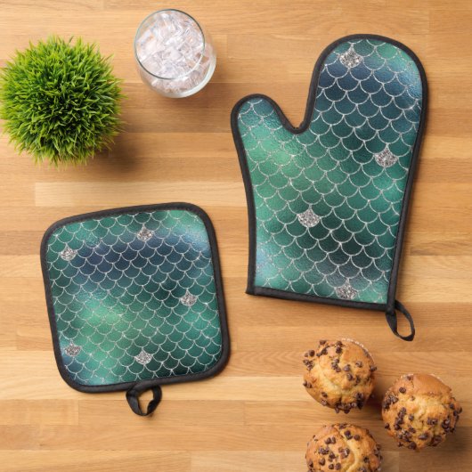 Zeemeermin Zilver Blauwgroen Groene Oceaan Glitz Ovenwant & Pannenlap Set (Top down)