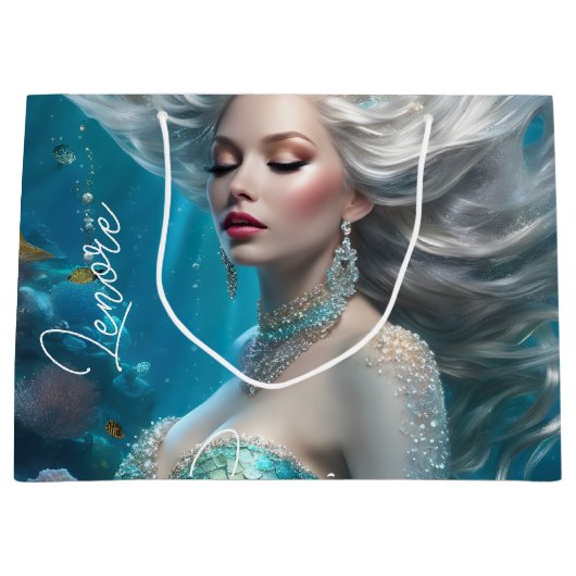 Zeemeermin Zilver Haar Turquoise Oceaan Groot Cadeauzakje (Voorkant)