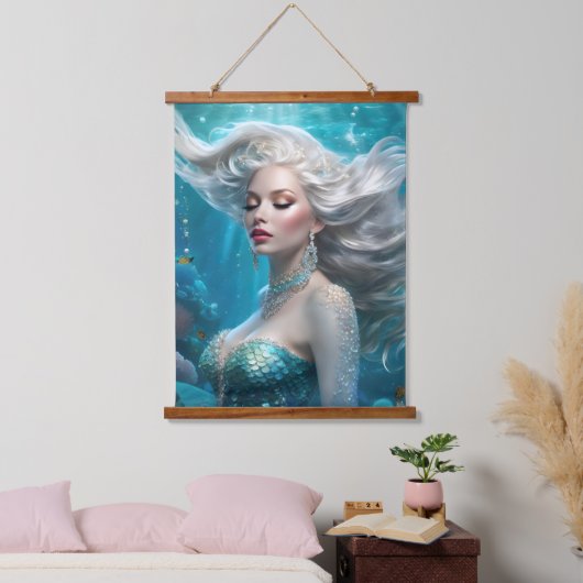 Zeemeermin Zilver Haar Turquoise Oceaan Hangend Wandkleed (Slaapkamer)