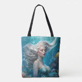 Zeemeermin Zilver Haar Turquoise Oceaan Tote Bag (Achterkant)
