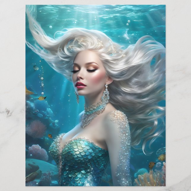 Zeemeermin Zilver Haar Turquoise Ocean Papier (Voorkant)
