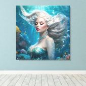 Zeemeermin Zilveren Haar Turquoise Oceaan Canvas Afdruk (Insitu (Houten vloer))