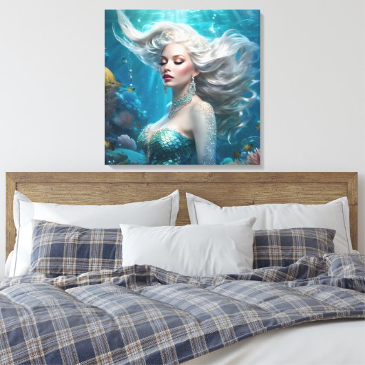 Zeemeermin Zilveren Haar Turquoise Oceaan Canvas Afdruk (Insitu (Slaapkamer))