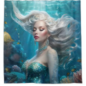 Zeemeermin Zilveren Haar Turquoise Oceaan Douchegordijn (Voorkant)