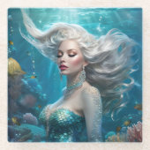 Zeemeermin Zilveren Haar Turquoise Oceaan Glazen Onderzetter (Voorkant)