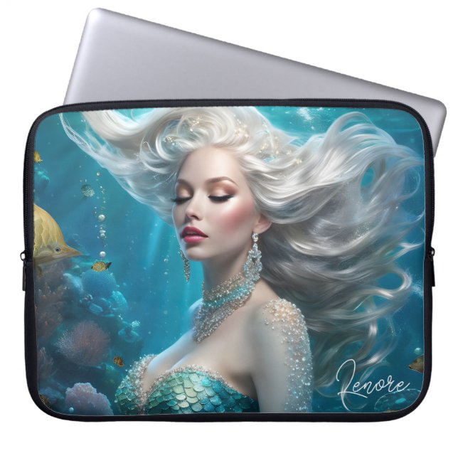 Zeemeermin Zilveren Haar Turquoise Oceaan Laptop Sleeve (Voorkant)