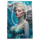 Zeemeermin Zilveren Haar Turquoise Oceaan Medium Cadeauzakje (Voorkant)