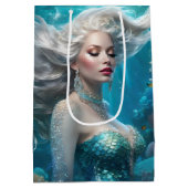 Zeemeermin Zilveren Haar Turquoise Oceaan Medium Cadeauzakje (Achterkant)