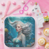 Zeemeermin Zilveren Haar Turquoise Oceaan Papieren Bordje (Feest)