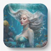 Zeemeermin Zilveren Haar Turquoise Oceaan Papieren Bordje (Voorkant)