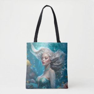 Zeemeermin Zilveren Haar Turquoise Oceaan Tote Bag
