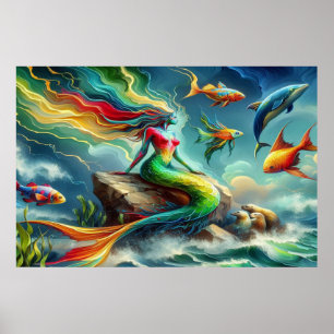 Zeemeermin Zit op Rock Omgeven door Whimsical 36x2 Poster