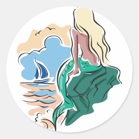  zeemeermin zit op rots ronde sticker (Voorkant)