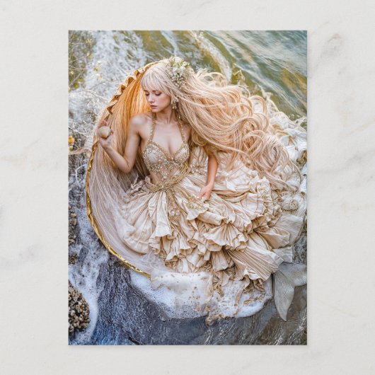 Zeemeermin Zittend In Giant Seashell Aan De Kust Feestdagenkaart (Voorkant)