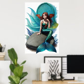 Zeemeermin zittend op een rots | AI Art Poster (Thuiskantoor)