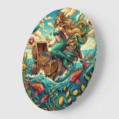 Zeemeermin zittend op een rots met een open schat grote klok (Hoek)