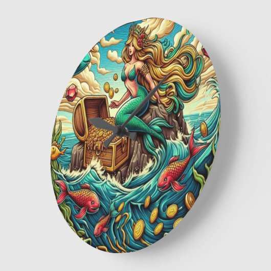 Zeemeermin zittend op een rots met een open schat grote klok (Hoek)
