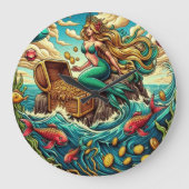 Zeemeermin zittend op een rots met een open schat grote klok (Voorkant)