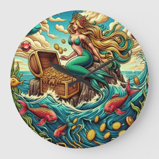 Zeemeermin zittend op een rots met een open schat grote klok (Voorkant)