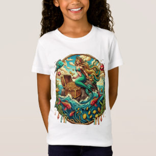 Zeemeermin zittend op een rots met een open schat t-shirt
