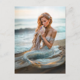 Zeemeermin Zittend op Ocean Beach met shell Feestdagenkaart