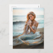 Zeemeermin Zittend op Ocean Beach met shell Feestdagenkaart (Voorkant / Achterkant)