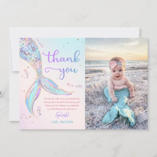 Zeemeermin Zomer Pool 1e Verjaardag Party Foto Bedankkaart (Voorkant)